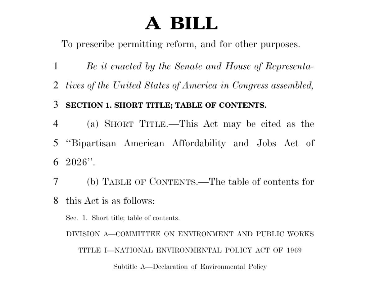 A scanned page from a legislative bill, with a centered heading, a subtitle, numbered lines of legal text, and the start of a table of contents. The page is black text on a white background.