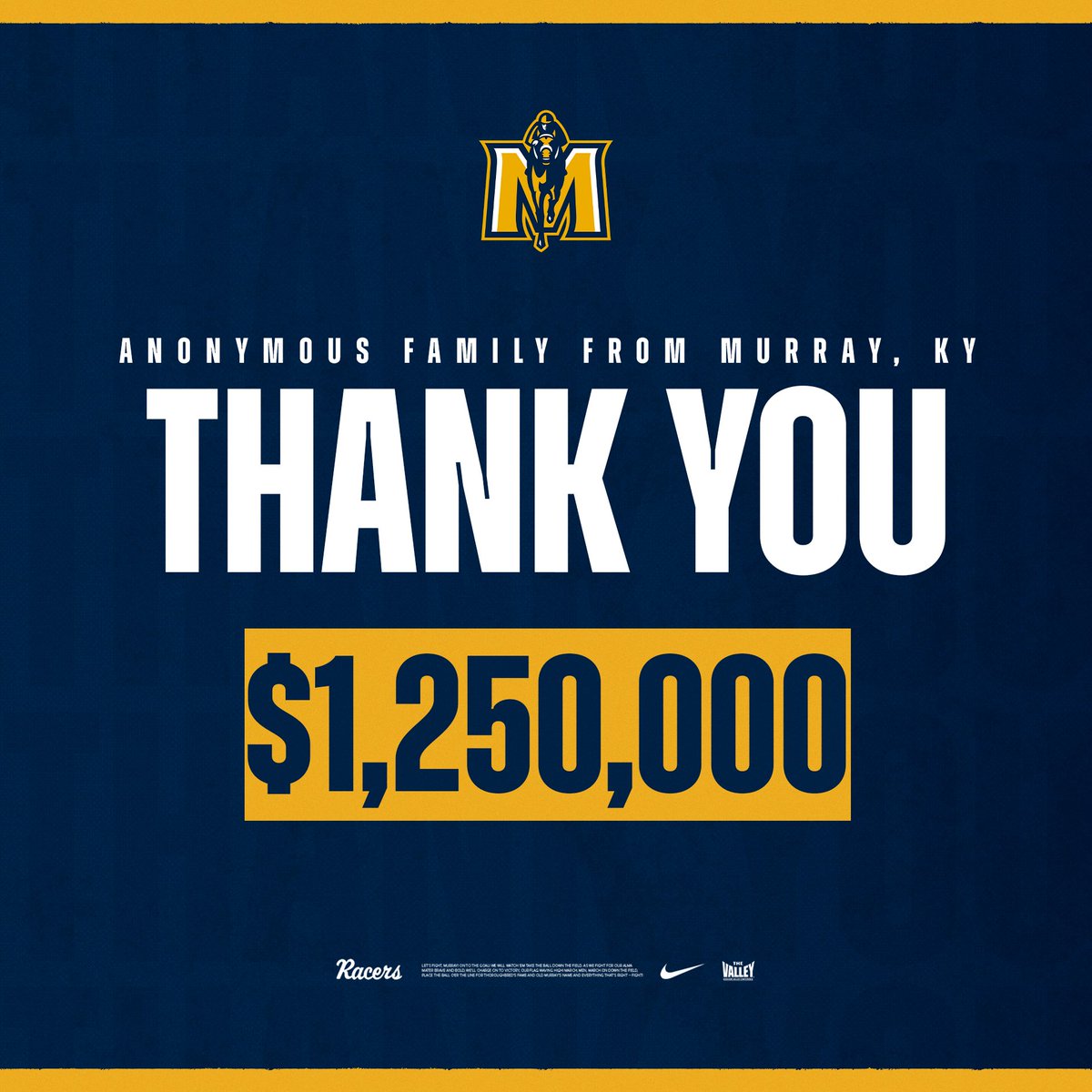 MSURacers's tweet photo. 👏 𝗧𝗛𝗔𝗡𝗞 𝗬𝗢𝗨 to an anonymous family from Murray, Kentucky, for your generous support of Murray State Athletics!

🔗: https://t.co/c3NeZCATcI

#GoRacers🏇 https://t.co/dNgxLOr0tC