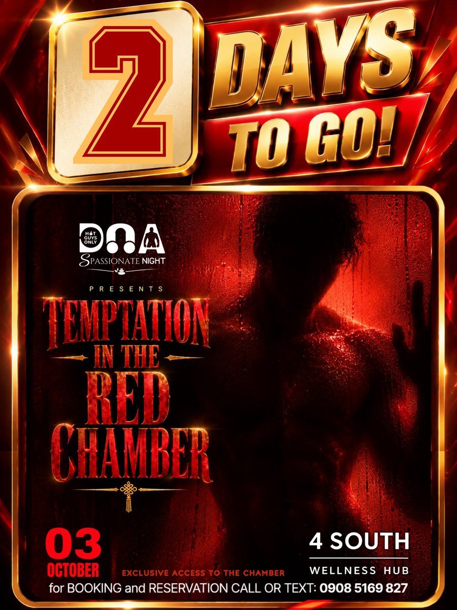 hotguysonlyph's tweet photo. 2 DAYS TO GO!!!

Craving that TEMPTATION?

That temptation only comes alive this Saturday inside the Red Chamber at @4southhub

📍 TEMPTATION IN THE RED CHAMBER | 10.03.26  | 4 South Wellness Hub

☎️: 09085169827

#HotGuysOnly #SpassionateNight @4southupdates https://t.co/jtovE1igxd