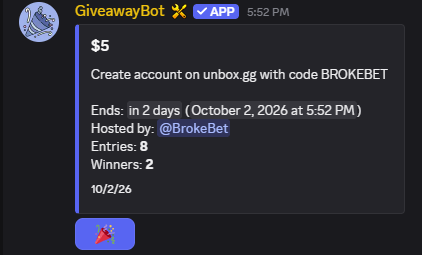 BrokeBet88's tweet photo. Btw we have giveaways running almost every day in our discord so join up, probably the easiest ones to win because of so little amount of entries.

https://t.co/Es12O9YoLU https://t.co/fekZIJUXBF
