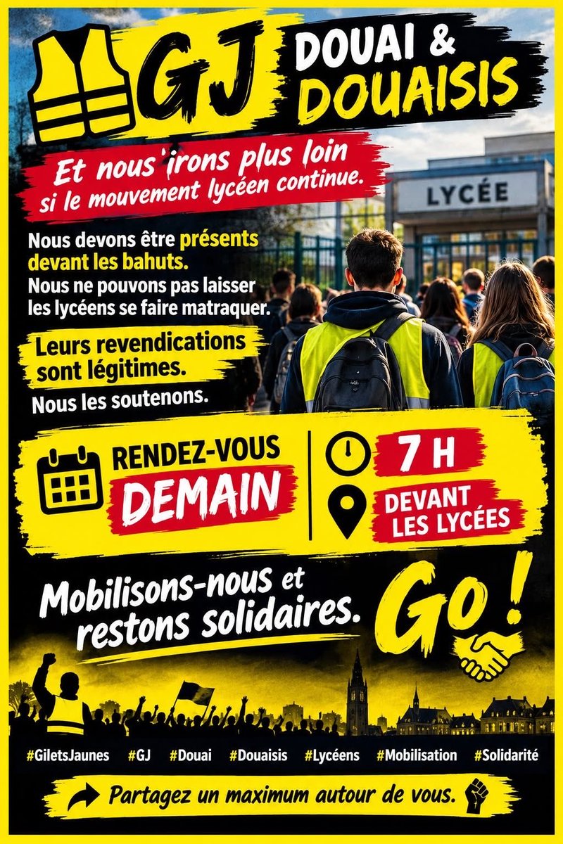 jmusulmans2's tweet photo. Les #GiletsJaunes de Douai et du Douaisis appellent à faire rempart demain dès 7h pour protéger les enfants des racailles en uniforme 👮♂️ du régime Macron. #infoGJ #lycees #blocuslycees #tours #alencon https://t.co/903Vs11mvM