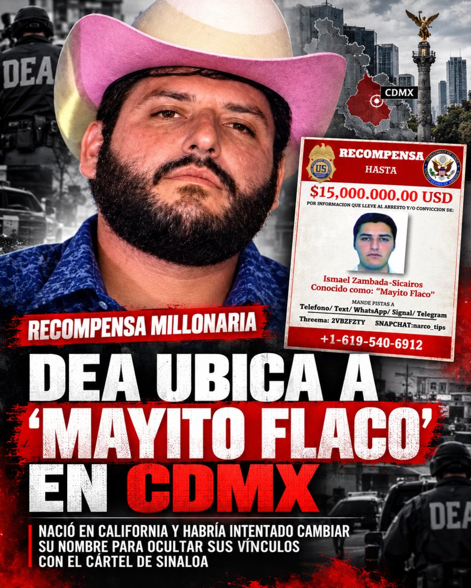 infoleakss's tweet photo. DEA ubica a “Mayito Flaco” en CDMX; nació en California y habría intentado cambiar su nombre para ocultar sus vínculos con el Cártel de Sinaloa

La Administración de Control de Drogas de Estados Unidos (DEA) reveló un dato que vuelve a poner los reflectores sobre Ismael Zambada Sicairos, alias “Mayito Flaco”: el narcotraficante habría sido ubicado recientemente en la Ciudad de México.

La información aparece en una ficha difundida por la oficina de la DEA en San Diego, California, donde se solicita a la ciudadanía reportar cualquier dato que pueda ayudar a localizarlo. La agencia estadounidense señala que Zambada Sicairos, nacido en 1982 y con doble nacionalidad mexicana y estadounidense, es buscado por una acusación relacionada con conspiración para distribuir una sustancia controlada.

El dato sale a la luz horas después de que el Departamento del Tesoro de Estados Unidos sancionara a “Mayito Flaco” y señalara que habría asumido el liderazgo de la facción de Los Mayos tras la detención de su padre, Ismael “El Mayo” Zambada.

De acuerdo con la información estadounidense, el capo nació en Anaheim, California, y en 2021 habría cambiado su nombre a Fernando Sicairos Aispuro. También es señalado por autoridades de EU de estar prófugo en México y de dirigir actividades relacionadas con tráfico de drogas, homicidio, extorsión, corrupción y secuestro.

Ahora el dato que prende las alertas es otro: la propia DEA coloca a la Ciudad de México como el último punto donde habría sido ubicado recientemente.

La información corresponde a señalamientos y datos difundidos por autoridades de Estados Unidos.

#MayitoFlaco #IsmaelZambadaSicairos #LosMayos #ElMayoZambada #DEA #CDMX #CartelDeSinaloa #Sinaloa #Narcotrafico #Seguridad #Mexico #Noticias #UltimaHora #Viral