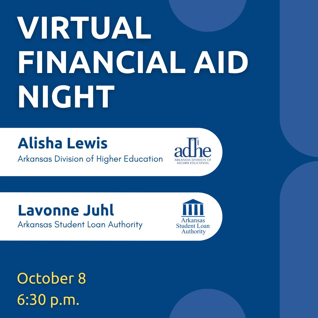 ArkHigherEd's tweet photo. Arkansas high school seniors and families! Join us for the Virtual Financial Aid Night on October 8 to learn about state and federal aid, scholarships, and college payment tips. Register for this session at https://t.co/LB0EDfoDgF. Don’t miss out! https://t.co/A09iN9mPB0