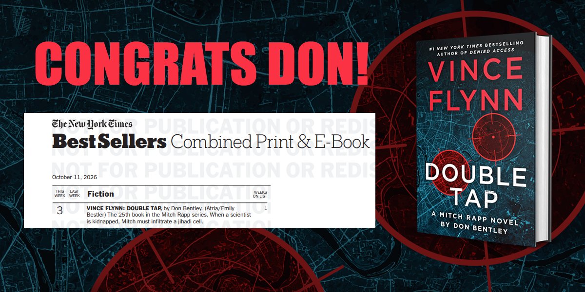 VinceFlynncom's tweet photo. Congrats to @DonBentley!!! DOUBLE TAP will debut at #3 on the NEW YORK TIMES Best Sellers lists.
Get your copy of DOUBLE TAP (signed editions available): https://t.co/TD2lyokXb5. https://t.co/1FIpseDcK5