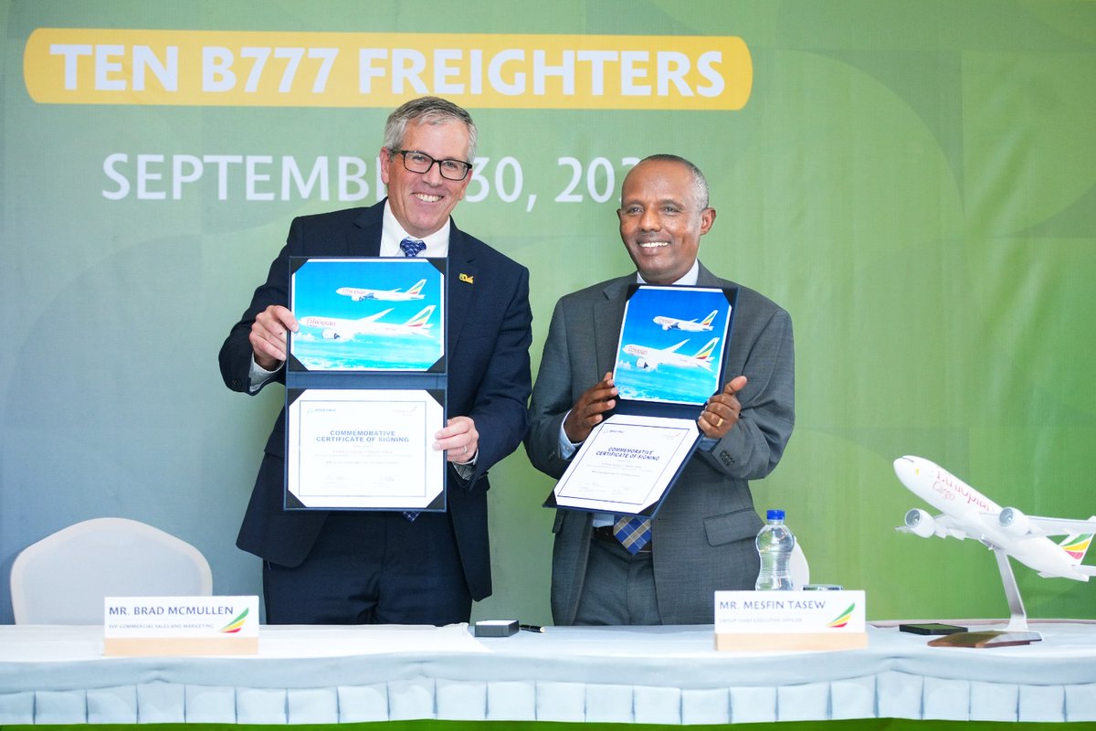 flyethiopian's tweet photo. We have signed an agreement with Boeing for eight 777-8F and two 777F Freighters, strengthening our cargo fleet and expanding capacity across our global network.

#EthiopianAirlines #EthiopianCargo #Boeing https://t.co/xKdGrI6MIc