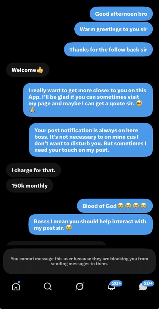 NkunkuNoni11799's tweet photo. This is what some big accounts do. 😡
I DMed him and showed respect. Asked for a qoute and little engagement. But he said this…😓💔💔

And even BLOCKED me 🤕💔💔 https://t.co/mPi0hhHLyr