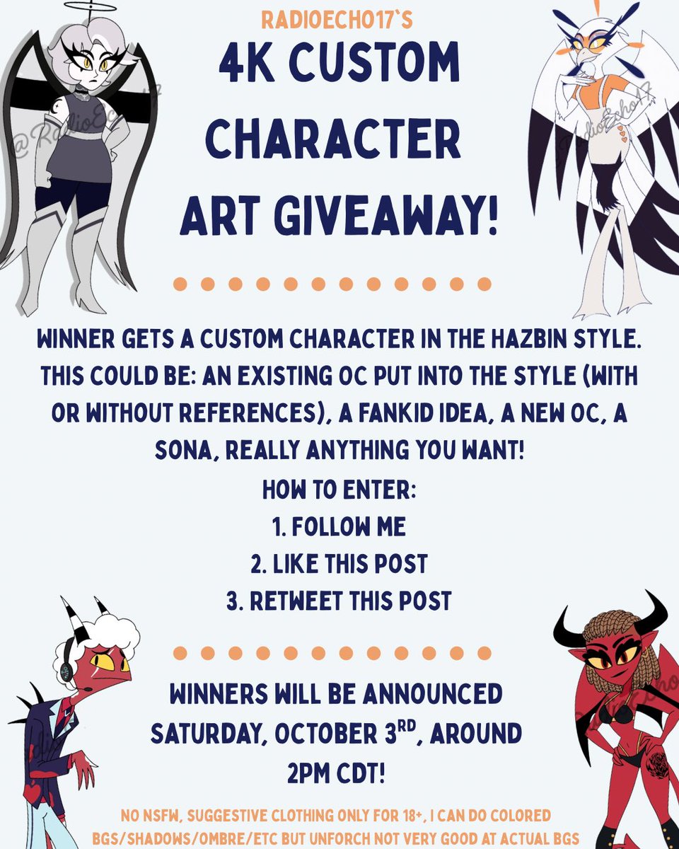 radioecho17's tweet photo. Special announcement: I’m doing an art raffle! If you have a character/sona you want to see in the Hellaverse style, a couple canon or yume) who you want a fankid for, a new character idea you have, this is for you! Basically just a custom adopt :3 I hope y’all enjoy! #Hazbin https://t.co/6qkASY2iyD