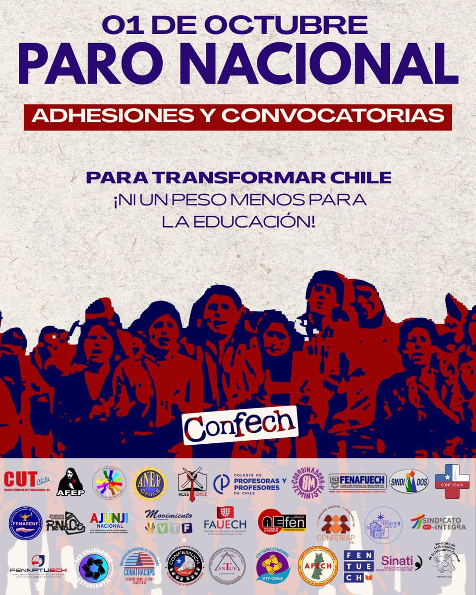 ElHiloCL's tweet photo. EL PARO VA‼️

🔷 En una Organización Histórica, que no se veía desde aquella Huelga General del 12 de Noviembre de 2019, la Confech/Aces/Colegio de Profesores/ANEF/CUT/Confusam/Mineros, etc reafirman y adhieren al llamado a PARO NACIONAL de Mañana 01 de Octubre en todo Chile

🔷 La Marcha Central será a las 10:30 hrs en el Metro Baquedano/Plaza Dignidad, pero a nivel nacional hay múltiples convocatorias

#PARONACIONAL
#RenunciaKast
#ChupaloKast