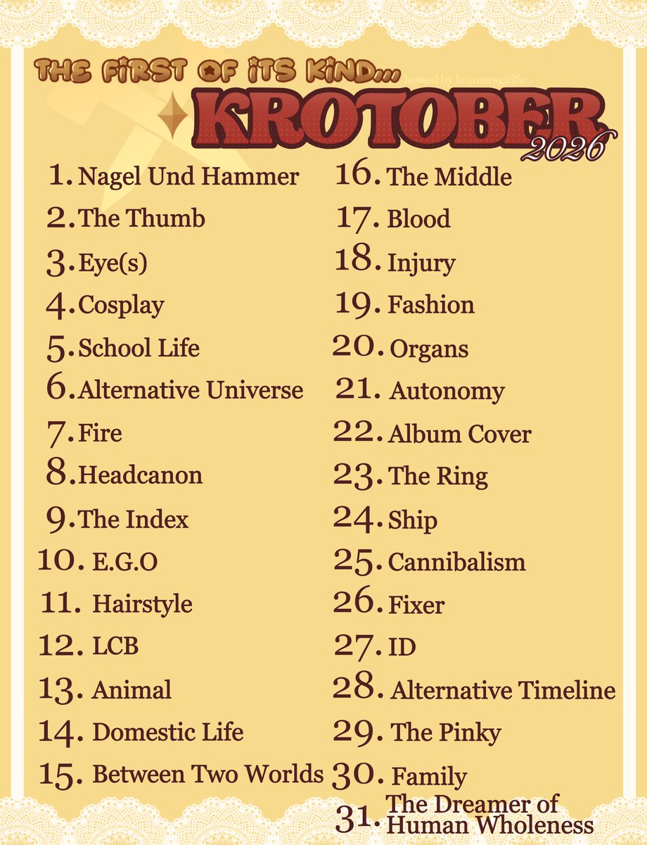 kromersgirlfie's tweet photo. PLEASE ALLOW ME TO ANNOUNCE THE FIRST EVER (to my knowledge) #KROTOBER2026 !! ⚒️💛⚒️💛

thanku to oomf for giving me the idea,, ive been brainstorming this for a few weeks now, i wanted the prompts to be vague so participants can have their own creative freedom !! https://t.co/q35eulvvcG