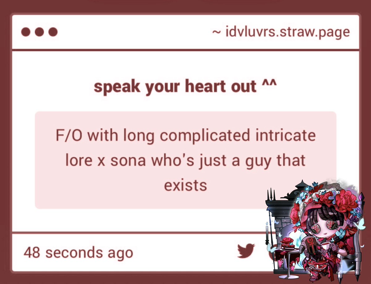 identity_luVrs's tweet photo. 🧸🍽️        ⸝⸝ ꒰ YUME PROMPT via luVr ꒱

“ F/O with long complicated intricate lore x sona who's just a guy that exists ”

⟢ link: https://t.co/tSOCEK61Dw ⟢ https://t.co/ltA3l8jbdx
