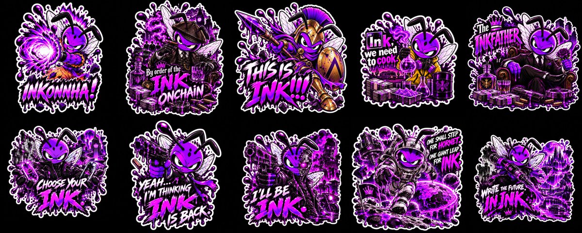 inkshogun2026's tweet photo. @inkthehornet 10 concepts. 10 different inspirations. 🐝🟣

That’s my full Hornet sticker collection. 🔥

Had a lot of fun creating these for the contest.

Which one is your favorite? 👀

The Ink Shogun is done cooking… for now. 😂⚔️⛩️
@inkthehornet 
@inkonchain 
@cruelhandeth https://t.co/vyWbsKIk9K