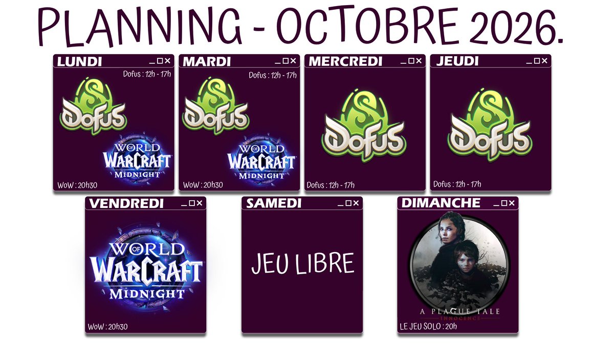 Ephemeriia's tweet photo. #planning #twitch Start le 5 Octobre ♥

Lundi mardi mercredi jeudi - midi : #dofus
Lundi mardi vendredi - soir : #wowmidnight #worldofwarcraft
Le samedi : Jeu libre
Le dimanche : Pour #youtube VOD > #APlagueTale https://t.co/zP7t4dZjgD