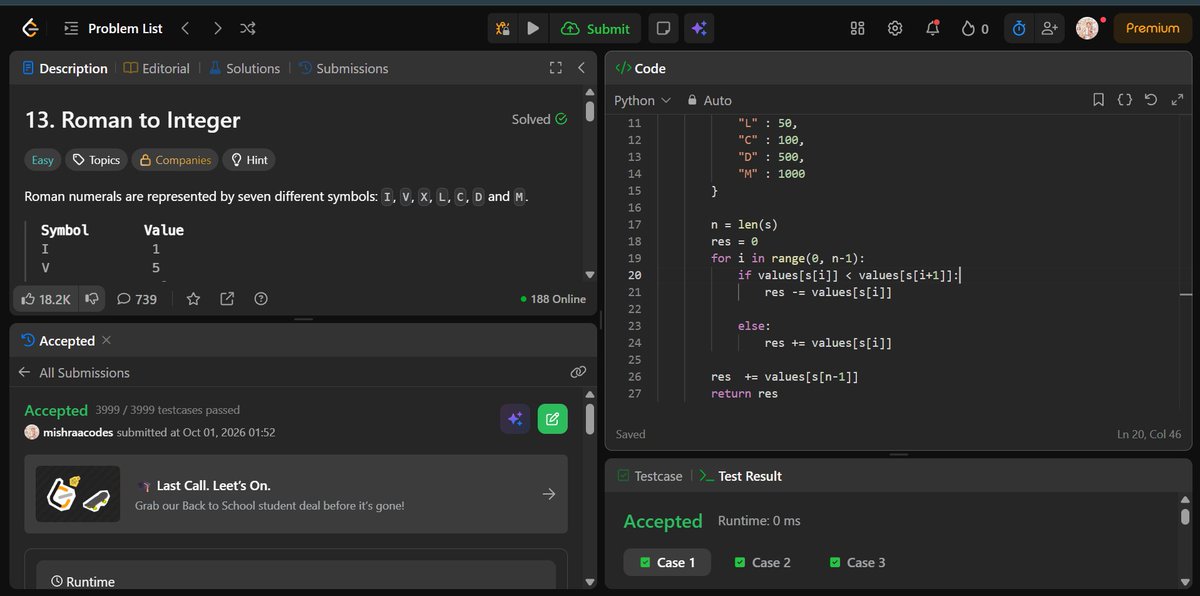 Sumitrmishraa's tweet photo. 🚀 Restarting my DSA journey!
🎯 Goal: Solve 1–2 problems daily on LeetCode/GFG
🟢 Day 1: Roman to Integer — Easy

💡Key learnings:
• String traversal
• Conditional logic
• When to add/subtract Roman values

Small steps. Consistency over intensity.
Day 1/∞ ✅
#DSA #LeetCode https://t.co/3VjUZtQeu4