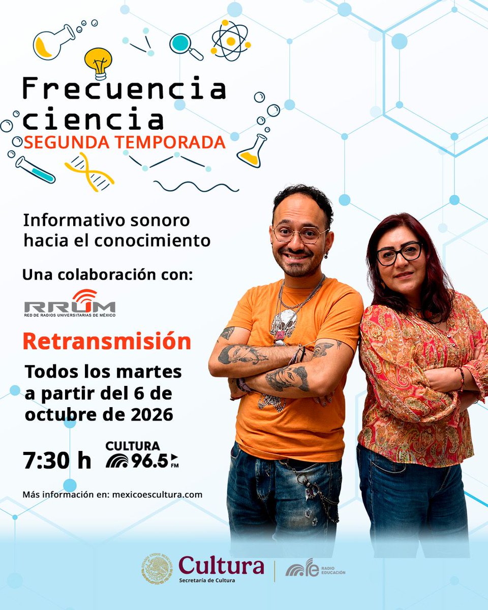 RadioEducacion's tweet photo. 📻 Disfruta en #RadioEducación la retransmisión de la segunda temporada de #FrecuenciaCiencia 🎧, un espacio para redescubrir historias y conocimientos que nos acercan a la ciencia. 🧠��✨ Con la colaboración de RRUM 📡
📅 #Martes 6 de octubre
⏰ 7:30 h
📻 #Cultura965FM https://t.co/4GJEBPGpEX