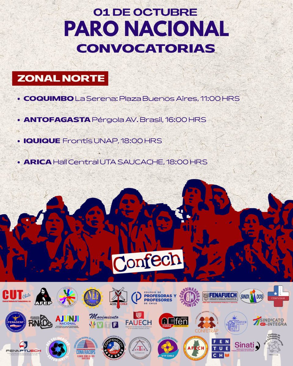 ElHiloCL's tweet photo. EL PARO VA‼️

🔷 En una Organización Histórica, que no se veía desde aquella Huelga General del 12 de Noviembre de 2019, la Confech/Aces/Colegio de Profesores/ANEF/CUT/Confusam/Mineros, etc reafirman y adhieren al llamado a PARO NACIONAL de Mañana 01 de Octubre en todo Chile

🔷 La Marcha Central será a las 10:30 hrs en el Metro Baquedano/Plaza Dignidad, pero a nivel nacional hay múltiples convocatorias

#PARONACIONAL
#RenunciaKast
#ChupaloKast