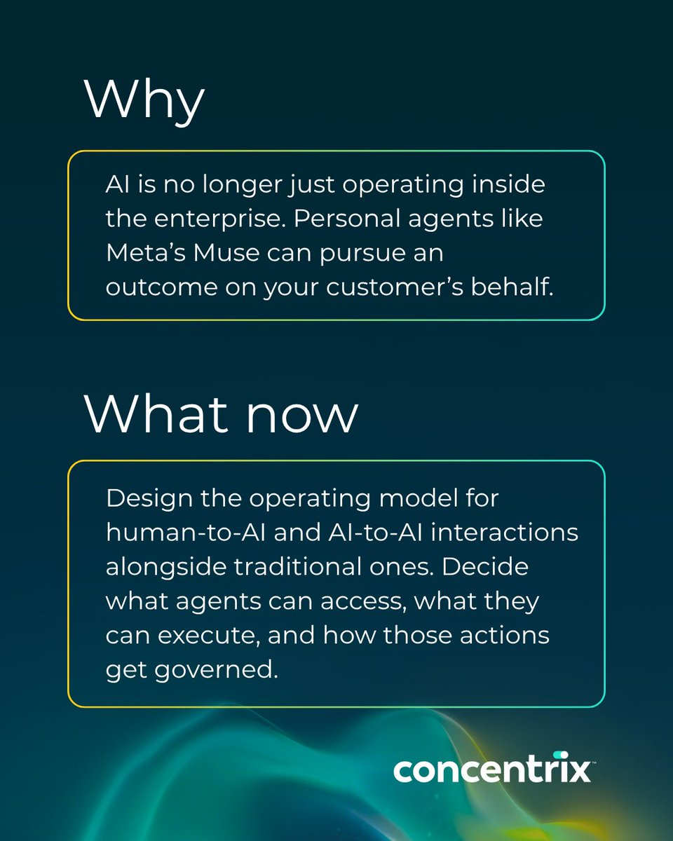Concentrix's tweet photo. The next AI your enterprise has to deal with might not be yours. 👀
If an AI agent can act on a customer’s behalf, your operating model needs to account for more than human behavior. Is your enterprise ready? 
Get prepared → https://t.co/22vCaHxzZF https://t.co/QjImZHbUJQ