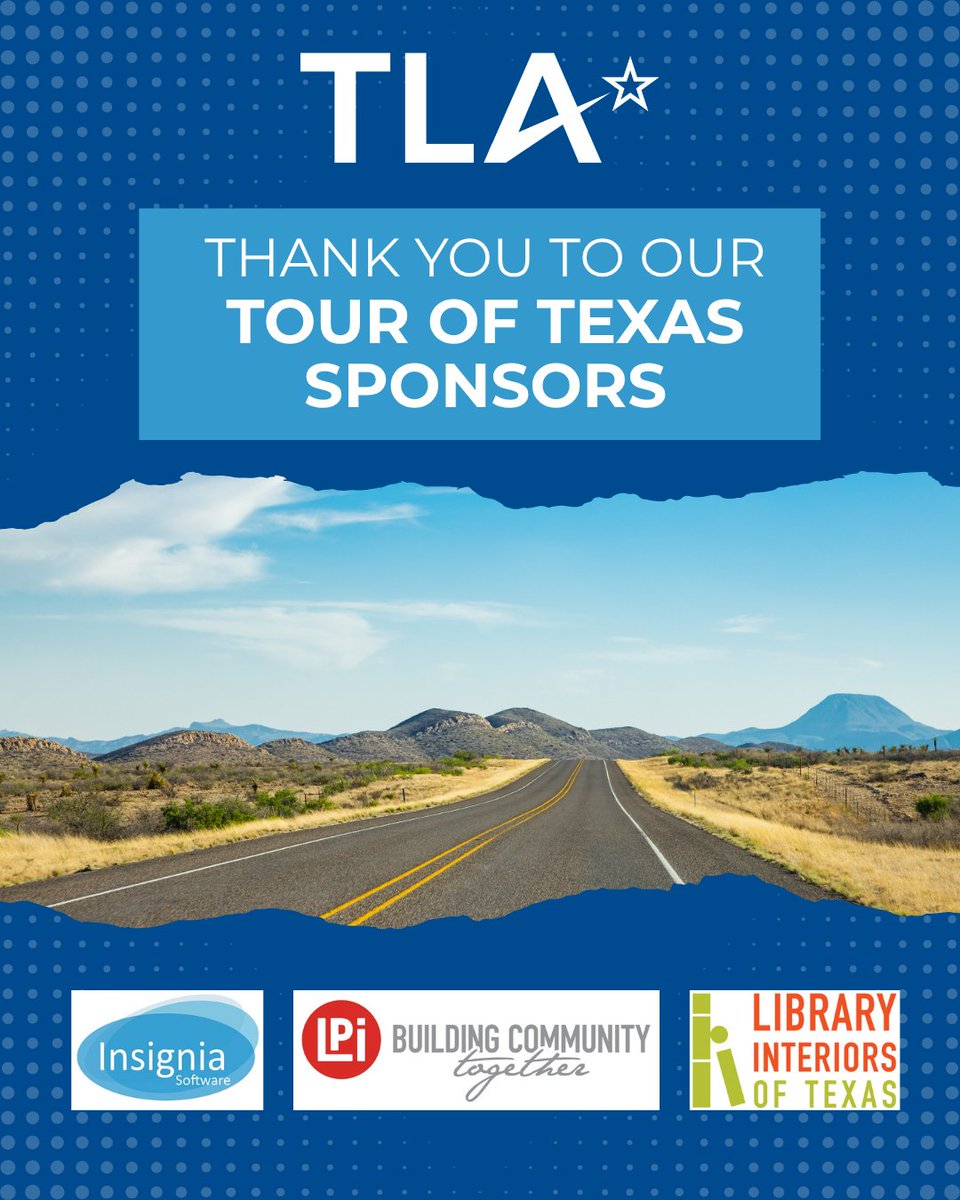 TXLA's tweet photo. We’re about to hit the road for TLA’s Fall District Meetings! 🚗 From October through mid-November, library professionals will connect, learn and access resources close to home.

Thank you to our Tour of Texas sponsors: Insignia Software, @li_tx, and @4LPi! #TXLibraries https://t.co/q6l3PoDF72