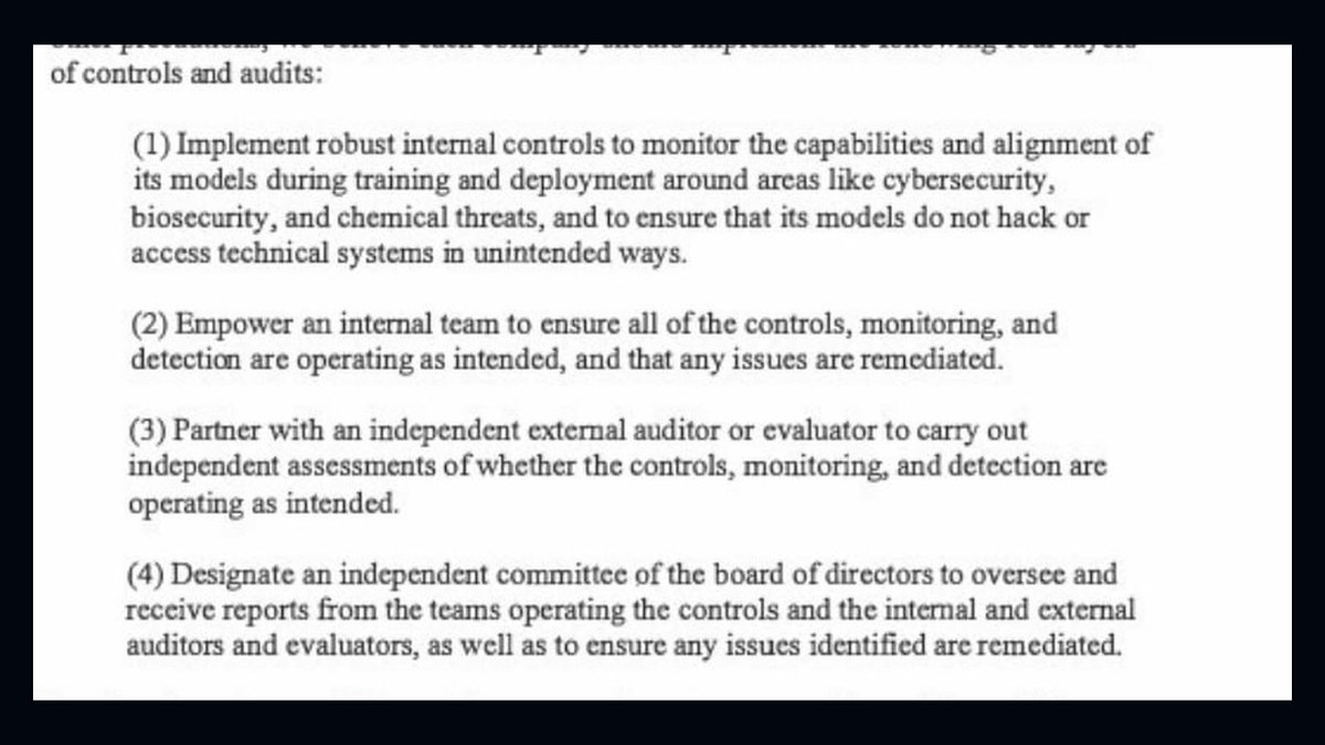 Accordgovtech's tweet photo. The four layers, from the text:

1. Internal controls that monitor model capabilities and alignment.
2. An internal team that keeps the controls working and fixes issues.
3. An independent external auditor.
4. An independent board committee that receives every report. https://t.co/1Q6OE7RgyM