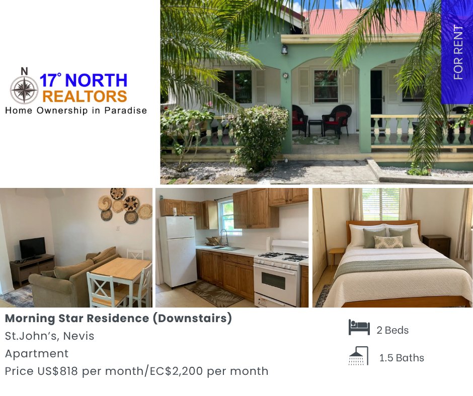 17_DegreesNorth's tweet photo. 2BR/1.5BA furnished apartment in Morning Star, Nevis. Private garden-view patio, laundry, ceiling fans &amp; AC with long-term lease.
US$818 / EC$2,200 monthly | 1-year minimum
Details: https://t.co/2lgYXb6rGn
📞 869-763-3353
#nevishomesforrent https://t.co/JBJETFw1GA