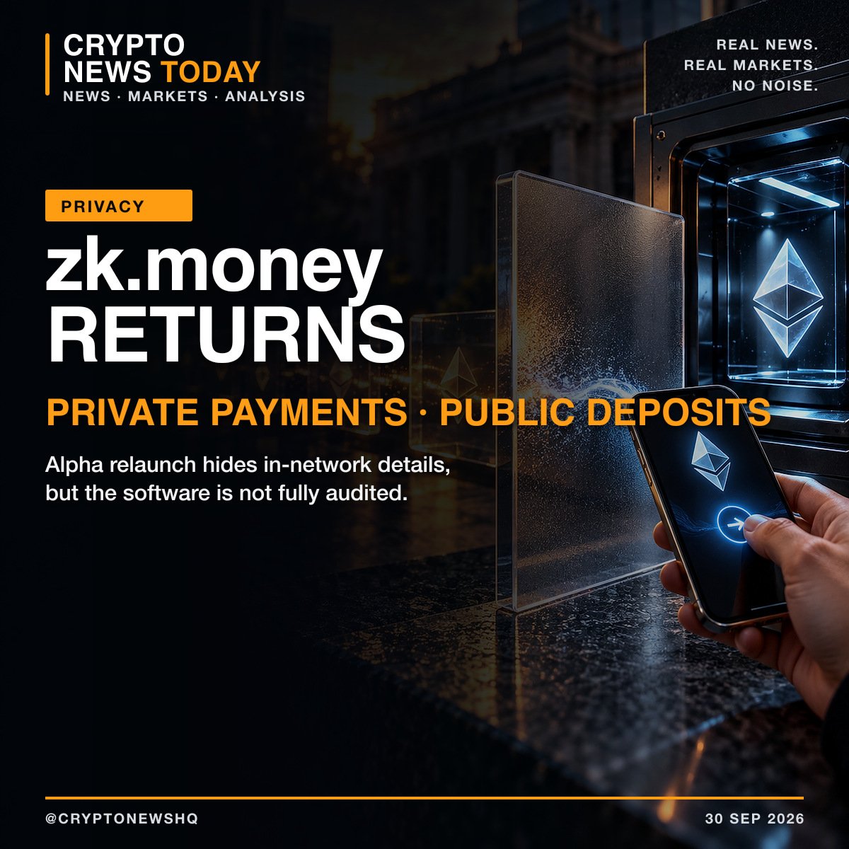 cryptonewshq's tweet photo. Aztec Labs has relaunched the https://t.co/DMYN3Ue3Su wallet in Alpha. It can hide amounts, balances and recipients after deposit, but Ethereum deposits stay public. Transactions are below $2,500; the software is not fully audited. #Ethereum #CryptoWallet

https://t.co/Ptu48KFVeM https://t.co/525EPnNT8g