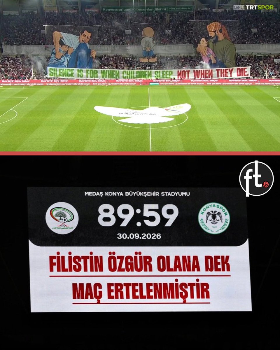 Footballtweet's tweet photo. 🇵🇸❤️ Incredible scenes in Turkey tonight as Konyaspor hosted Palestine in a special match filled with tributes to Palestinian victims.

The game was symbolically stopped at 89:59, with the message: “THE MATCH IS SUSPENDED UNTIL PALESTINE IS FREE.” ✊

Giant tifos filled the stands, banners remembered athletes and journalists who have been killed, Palestinian flags were everywhere, while toys were thrown onto the pitch for children.

A powerful night of solidarity. 🇹🇷🤝🇵🇸