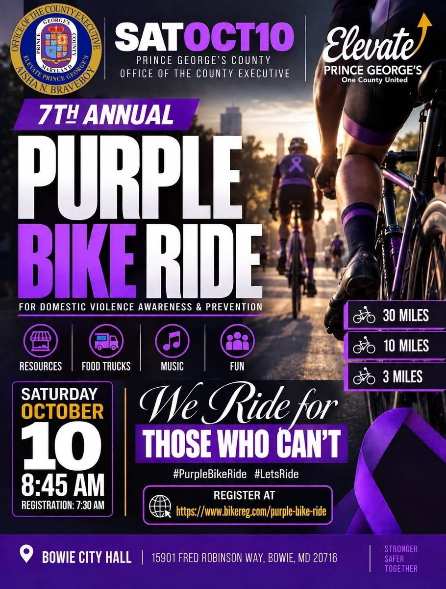 pgcountyexec's tweet photo. Join us for the 7th Annual Purple Bike Ride on Saturday, October 10.

Location: Bowie City Hall, 15901 Fred Robinson Way, Bowie, MD 20716

Registration: Begins at 7:30 AM

Register here: https://t.co/P1ybvc2kXi

We ride for those who can’t.

#PurpleBikeRide #ElevatePrinceGeorges https://t.co/lqjRizNVbG