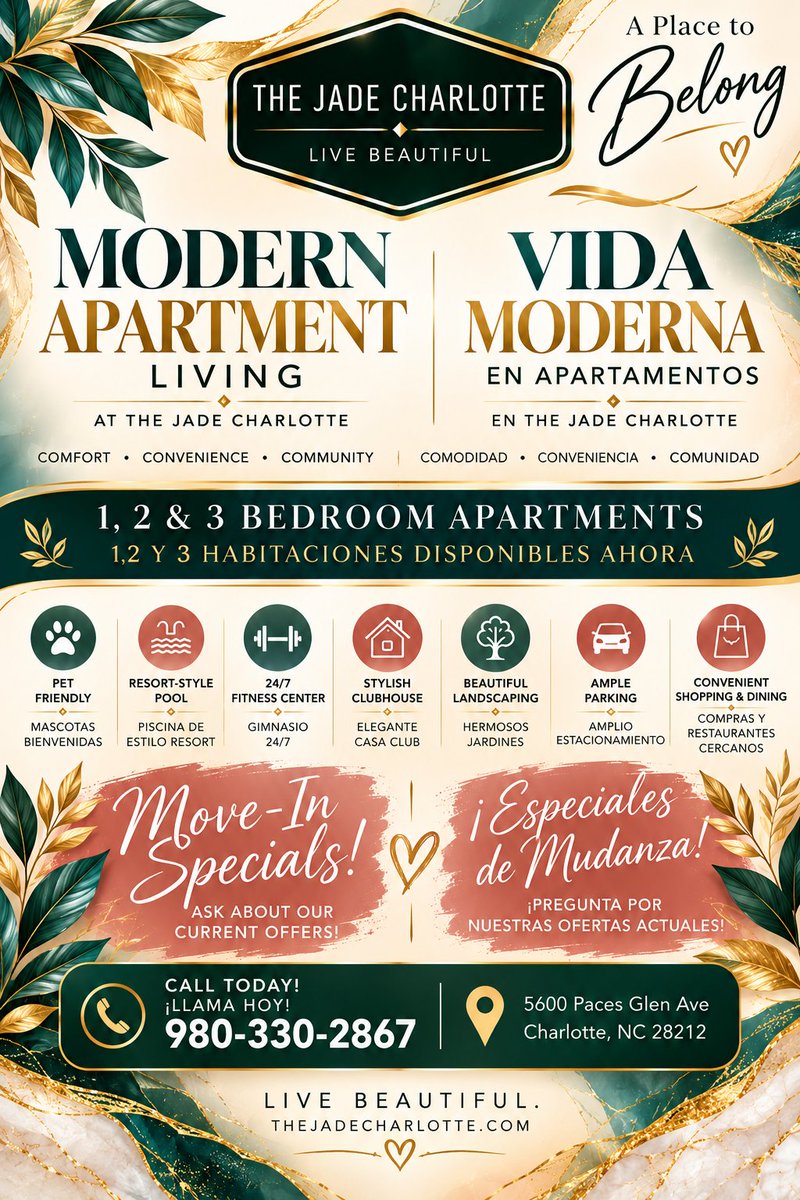 The_Jade_Clt's tweet photo. 🏡✨ 1, 2 &amp; 3 BEDROOM APARTMENTS AVAILABLE NOW! ✨🏡
Your new home is waiting at The Jade Charlotte! 💚
🔥 APPLY! APPLY! APPLY! 🔥
Don’t wait — apply NOW and lock in our current MOVE-IN SPECIAL! 🎉🔑 https://t.co/JQPp8WfcdZ