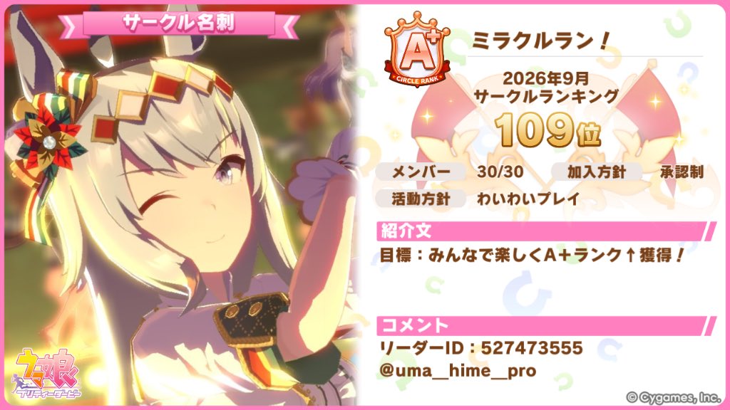 uma_hime_pro's tweet photo. 【2026年10月サークルメンバー募集】

サークル名：ミラクルラン！ 
リーダーID：527473555  

詳細は添付画像をご確認下さい！ 
加入申請お待ちしております🌟

#ウマ娘 
#ウマ娘サークル募集 
#ウマ娘サークルメンバー募集 https://t.co/x4Y55yChAF
