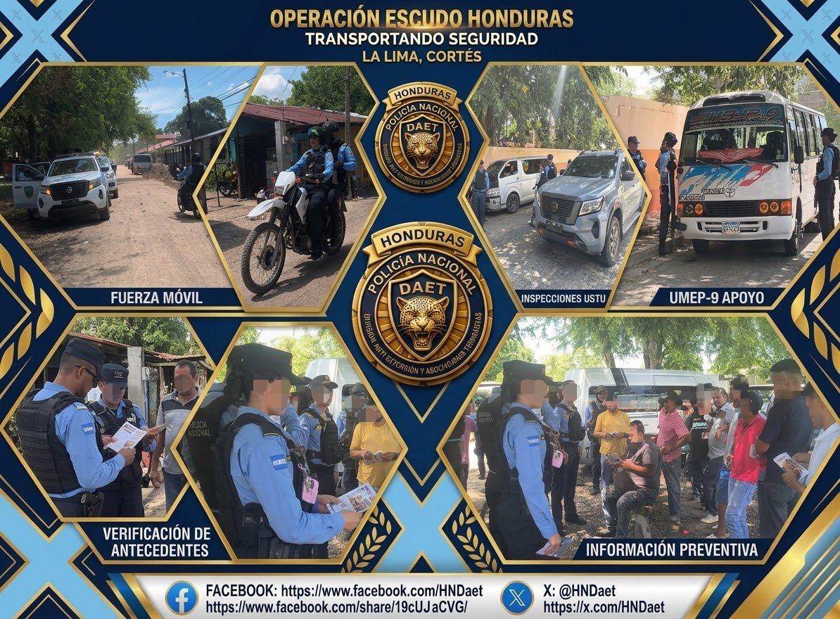 HNDaet's tweet photo. #TransporteSeguro👮‍♂️🚔🚌

#DAET intensifica operativos de seguridad en el transporte público de La Lima,Cortés.

La #USTU y #UMEP9 ejecutaron inspecciones, verificación de antecedentes e información preventiva como parte de la #OperaciónEscudoHonduras https://t.co/cq10v8aszj