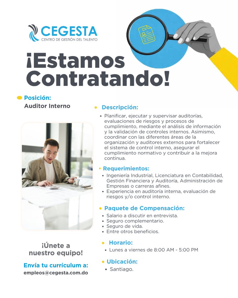 CEGESTA3's tweet photo. [1/5]
🌟¡Este miércoles es tu oportunidad para crecer profesionalmente!

En CEGESTA buscamos talentos como tú que quieran marcar la diferencia en su carrera.

📩 Envía tu CV a: empleos@cegesta.com.do https://t.co/LZSbKPUeFL
