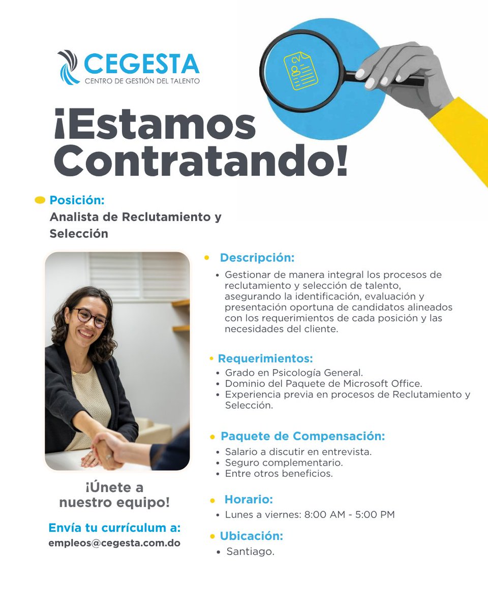 CEGESTA3's tweet photo. [1/5]
🌟¡Este miércoles es tu oportunidad para crecer profesionalmente!

En CEGESTA buscamos talentos como tú que quieran marcar la diferencia en su carrera.

📩 Envía tu CV a: empleos@cegesta.com.do https://t.co/LZSbKPUeFL