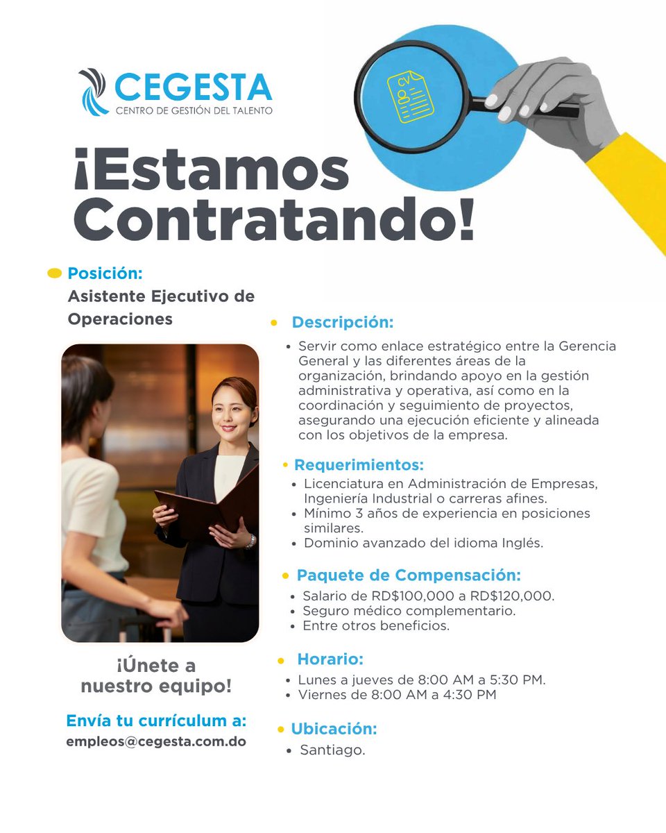CEGESTA3's tweet photo. [1/5]
🌟¡Este miércoles es tu oportunidad para crecer profesionalmente!

En CEGESTA buscamos talentos como tú que quieran marcar la diferencia en su carrera.

📩 Envía tu CV a: empleos@cegesta.com.do https://t.co/LZSbKPUeFL