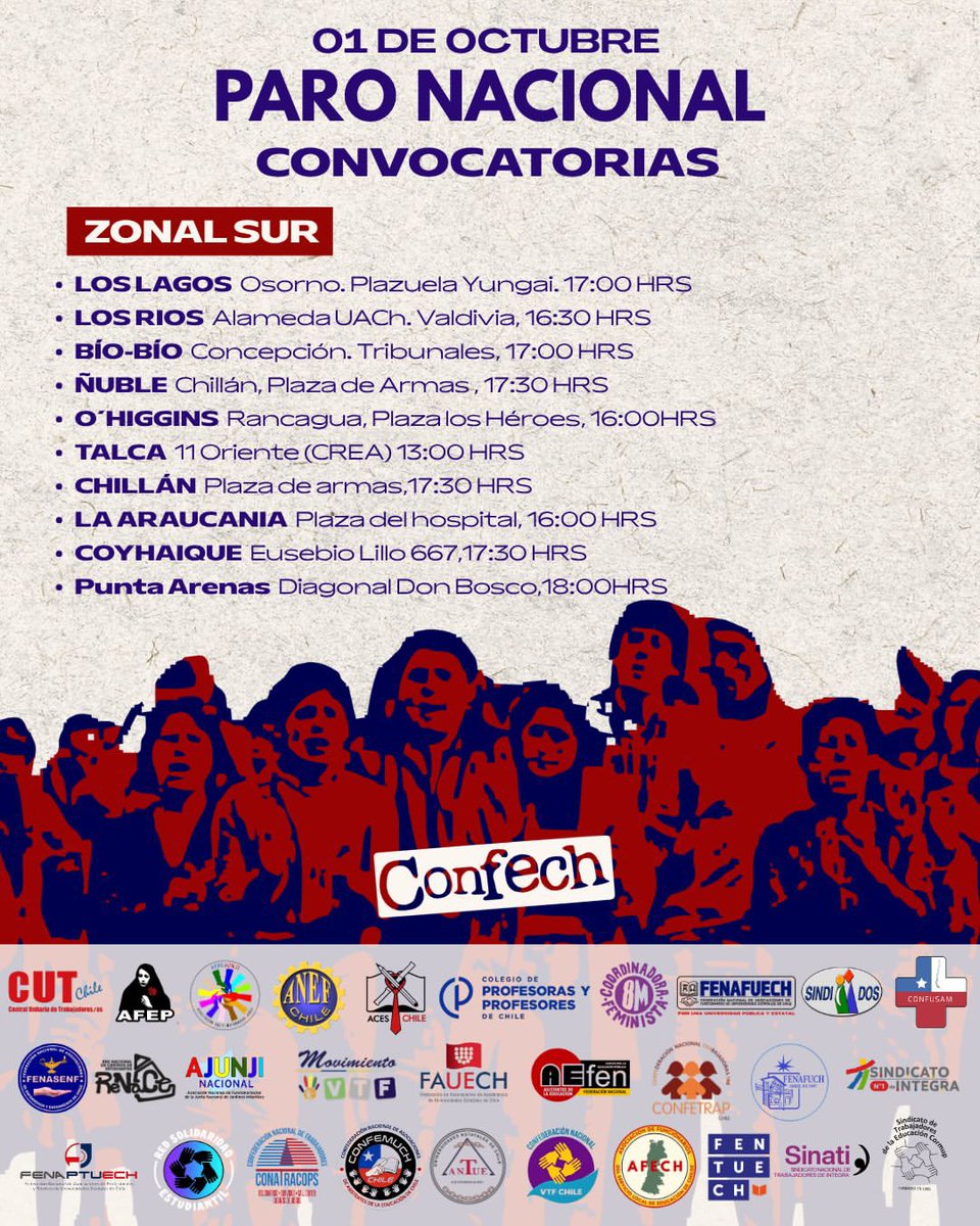 ElHiloCL's tweet photo. EL PARO VA‼️

🔷 En una Organización Histórica, que no se veía desde aquella Huelga General del 12 de Noviembre de 2019, la Confech/Aces/Colegio de Profesores/ANEF/CUT/Confusam/Mineros, etc reafirman y adhieren al llamado a PARO NACIONAL de Mañana 01 de Octubre en todo Chile

🔷 La Marcha Central será a las 10:30 hrs en el Metro Baquedano/Plaza Dignidad, pero a nivel nacional hay múltiples convocatorias

#PARONACIONAL
#RenunciaKast
#ChupaloKast