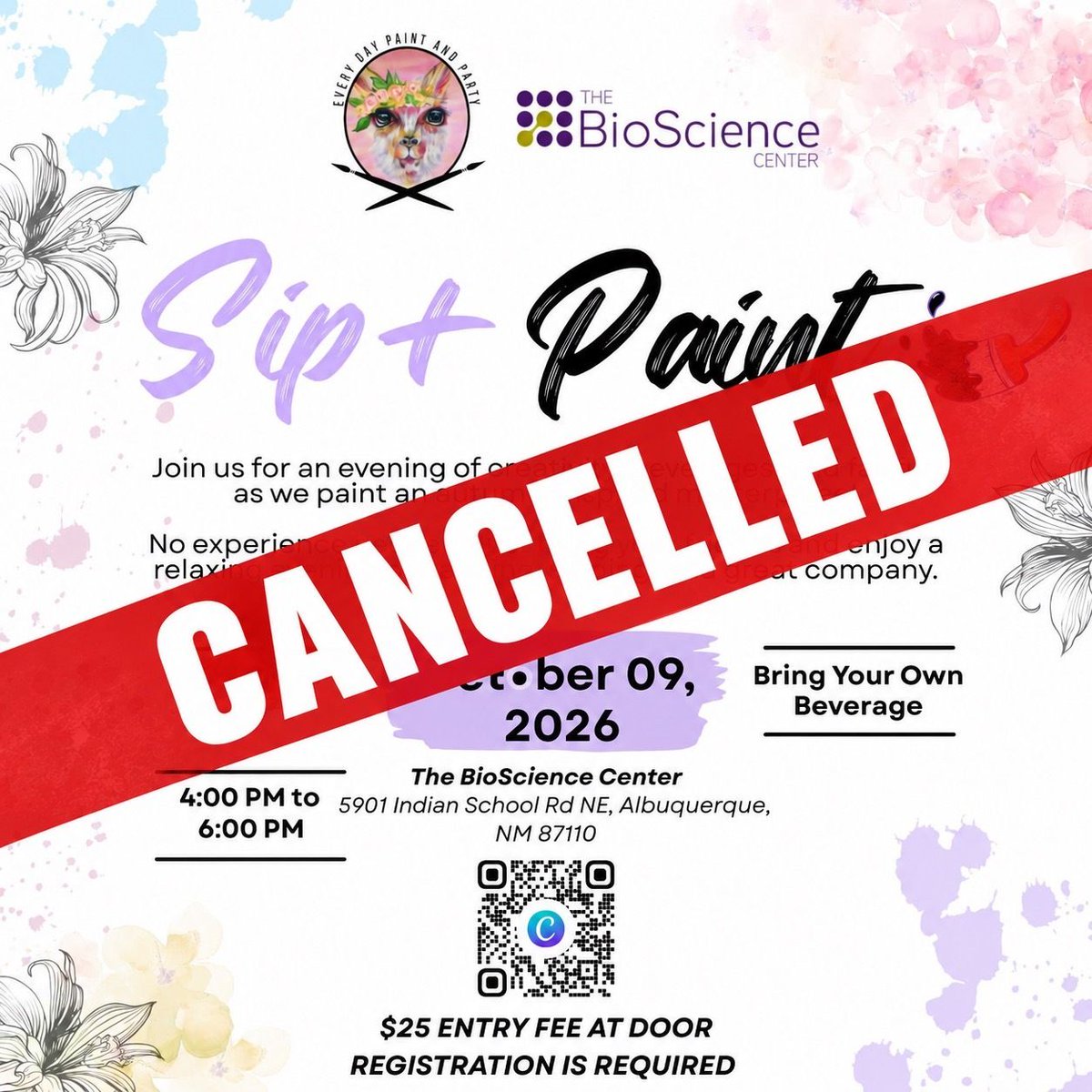 BioScienceCtr's tweet photo. Unfortunately, our upcoming Sip + Paint event has been cancelled. 

We’re sorry for any inconvenience and appreciate everyone who planned to join us. 

Stay tuned for future events at The BioScience Center! https://t.co/UnXvLZS16c