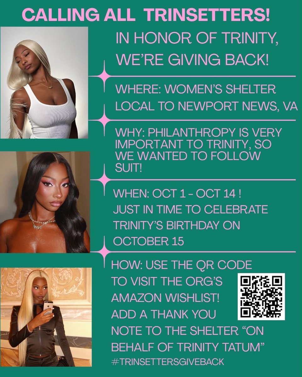 _Trinitycrave's tweet photo. Trinsetters Give Back!
In honor of Trinity’s 23rd birthday, the Trinsetters are giving back!
We’ve chosen a women’s shelter local to her hometown. Philanthropy is something Trinity has named as something very important to her, and we’re excited to support her community in her honor.
Our goal: Sell out the entire wishlist by October 14th!
Use the link below to shop items from the shelter’s Amazon wishlist.
https://t.co/K30npioi22?
#TrinsettersGiveBack