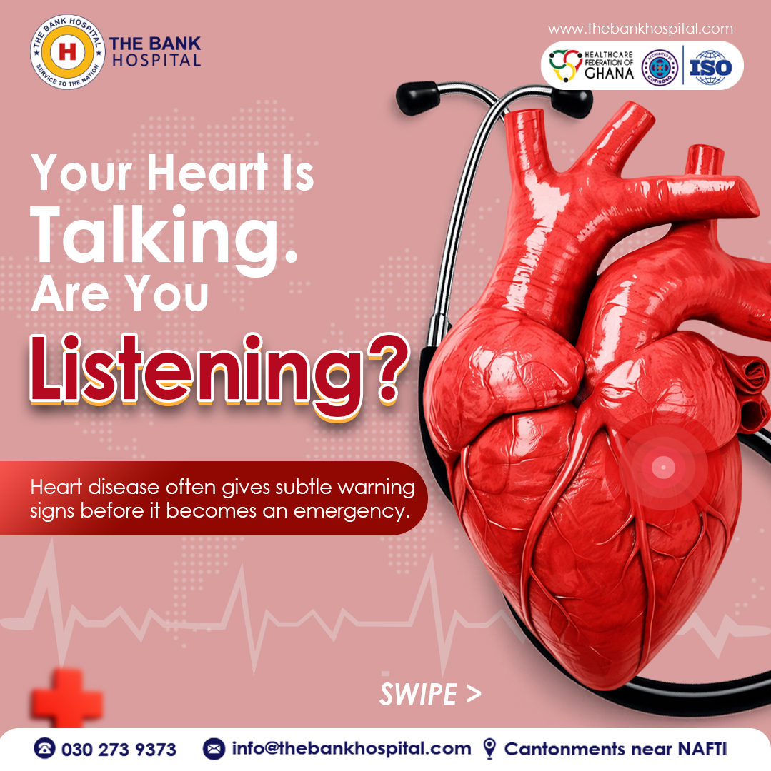 TheBankHospital's tweet photo. Your heart may be speaking. Are you listening?
Watch out for unusual fatigue, shortness of breath, chest discomfort, or pain in the jaw, neck, back or arms.

Don’t ignore the signs. Book a heart health assessment:
Call  053 100 8227.

#WorldHeartDay #HeartHealth #TheBankHospital https://t.co/bLDPR2QnEQ