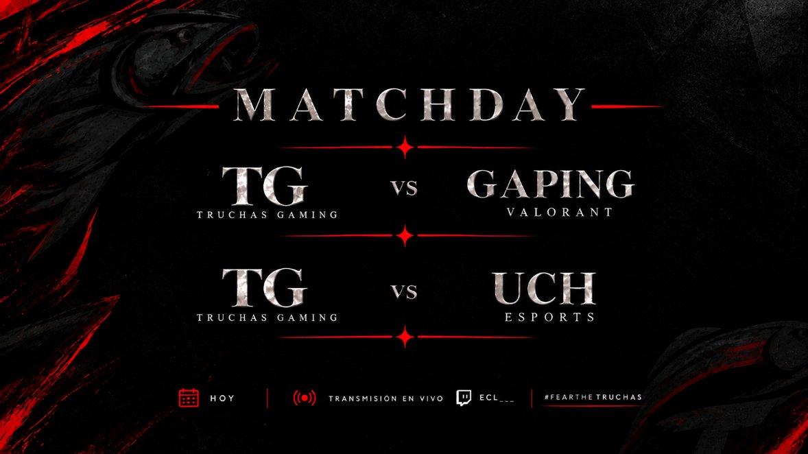truchasgaming's tweet photo. 🐟 TRUCHAS MATCHDAY

TG vs @Gaping_val
🕗 20:00 HRS | 📺 EN VIVO POR https://t.co/WynWxZDAmy

TG vs @ValorantUCH
🕗 21:00 HRS

Dos partidas. Un solo objetivo.

#FearTheTruchas https://t.co/3FVqb4KwuM