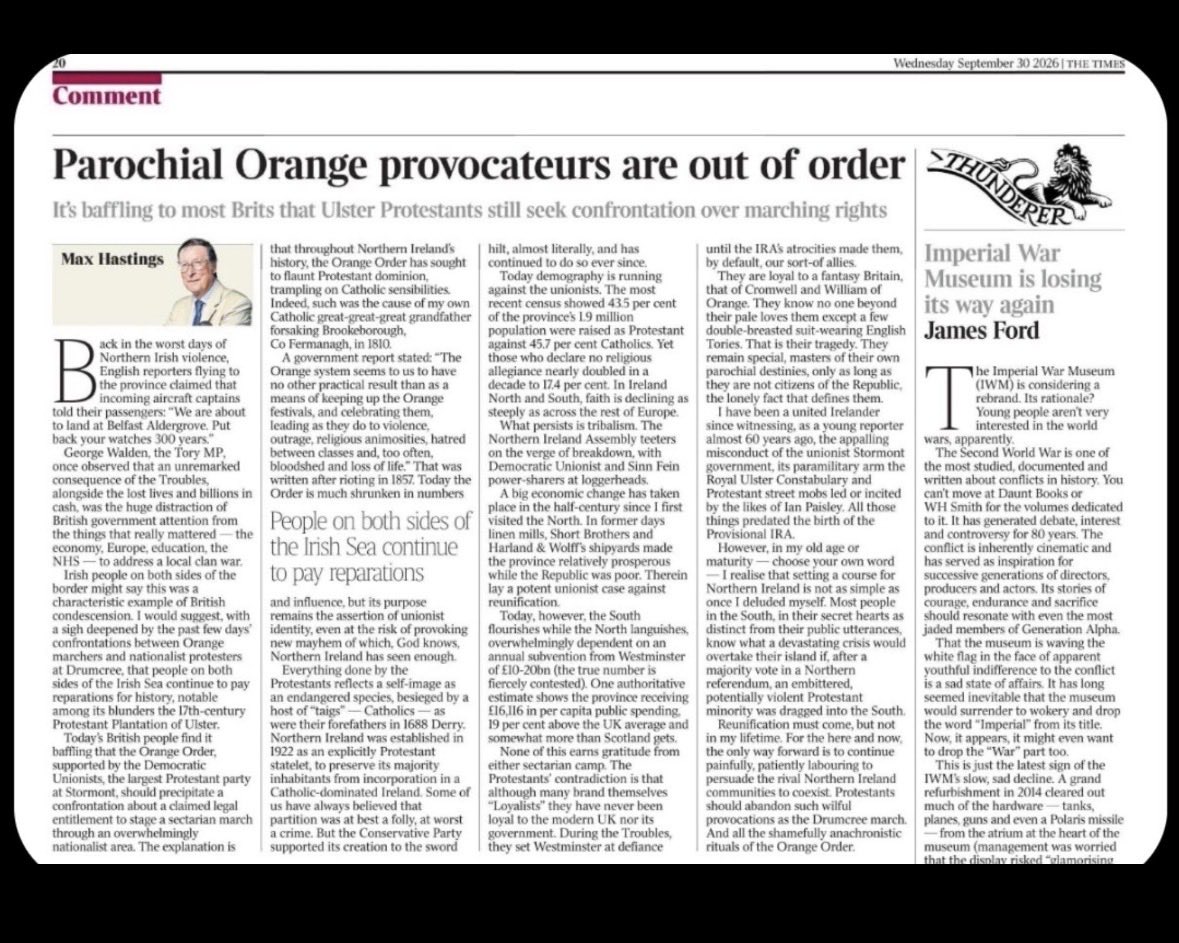 chrisadonnelly's tweet photo. Max Hastings doesn’t hit and miss the wall with this.

It’s funny how, outside of Loyal Ulster’s media circle, there is an obvious consensus about the absurdity of &amp; inherently provocative nature of loyalist conduct. https://t.co/w9ePUEv4U1