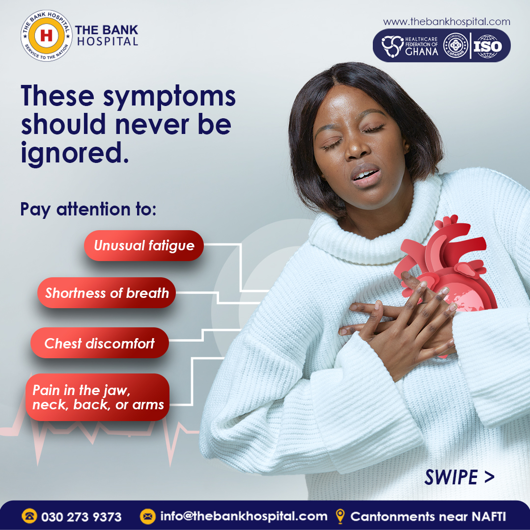 TheBankHospital's tweet photo. Your heart may be speaking. Are you listening?
Watch out for unusual fatigue, shortness of breath, chest discomfort, or pain in the jaw, neck, back or arms.

Don’t ignore the signs. Book a heart health assessment:
Call  053 100 8227.

#WorldHeartDay #HeartHealth #TheBankHospital https://t.co/bLDPR2QnEQ