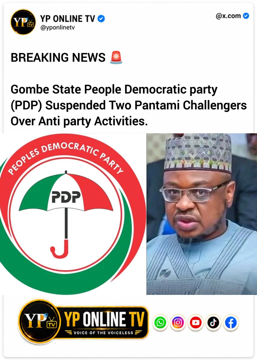 YPonlineTV's tweet photo. The Peoples Democratic Party (PDP) in Gombe State has suspended two of its governorship aspirants, Khamisu Ahmed Mailantarki and Usman Aliyu Garry, over alleged anti-party activities.

Read more: 
https://t.co/e9w0zA6mO6 https://t.co/ngUIbG1qpA