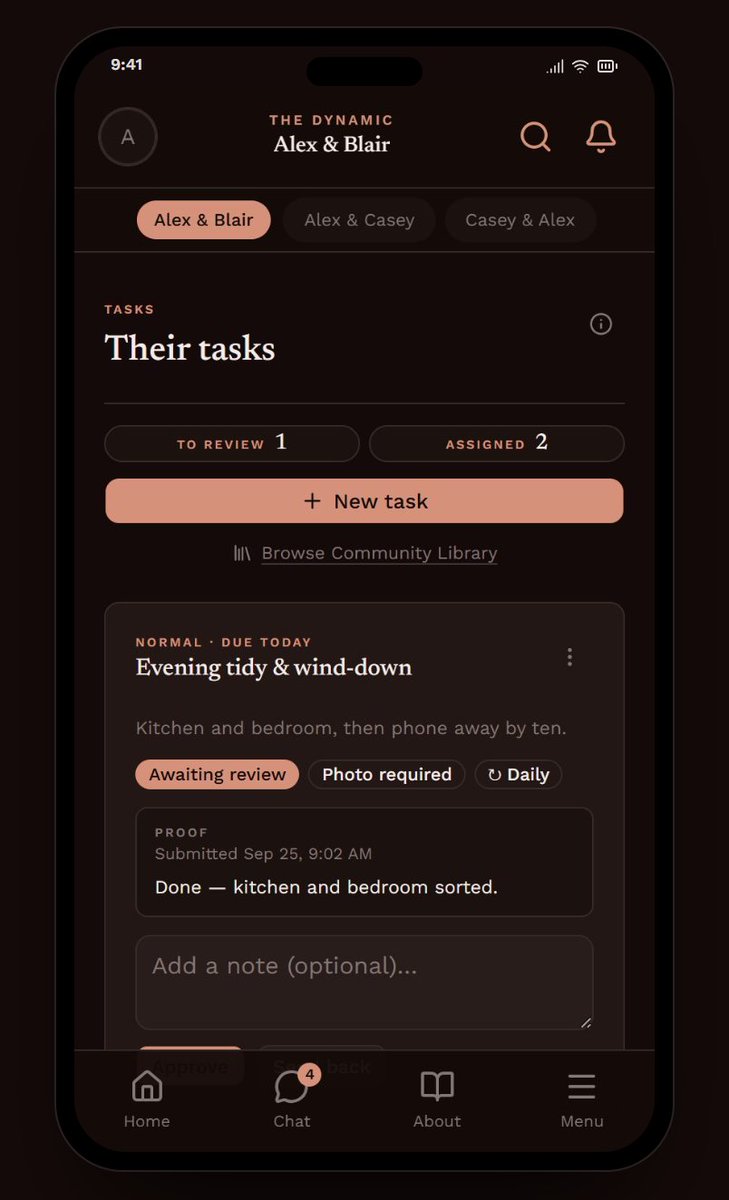MyDynamicApp's tweet photo. Tasks that actually get done. 📸

Your Dominant sets it. You do it and send photo proof. They sign it off, or send it back with a reason.

Every task and every proof, on the record for you both.

https://t.co/J33LnfVbrs
#BDSM #DsDynamic #Submission https://t.co/Iyf20eDrRj