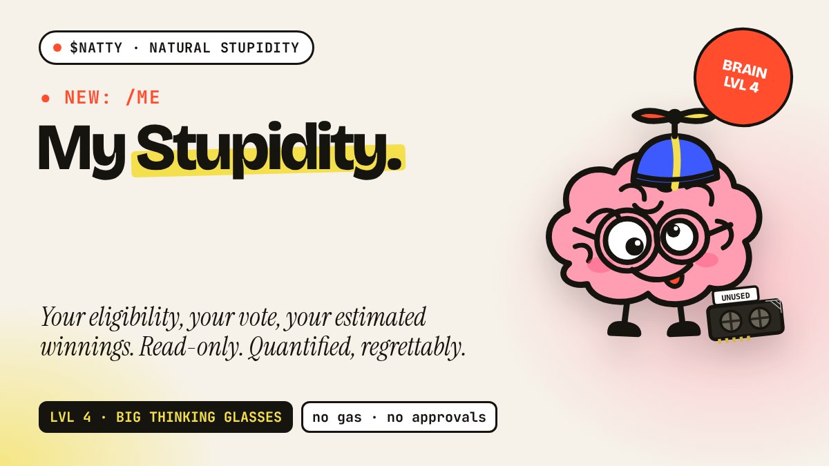 NattyStupidity's tweet photo. New: My Stupidity, your own wallet dashboard.

Am I eligible? What did I vote for? What would I win if my idea wins? What have I been paid (with tx links)?

Tap your wallet chip on the site. Read-only: no gas, no approvals. Your stupidity, quantified. https://t.co/rPdZJmPPRk