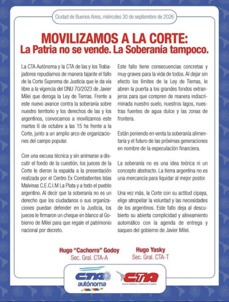 gimenafuertes's tweet photo. Martes 6 de octubre marcha a la Corte Suprema contra el fallo que habilita la venta ilimitada a de tierras a extranjeros 👇🏾 https://t.co/z7b9DFe1LY