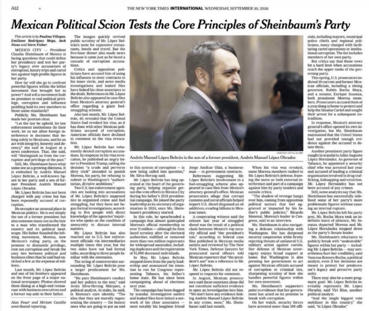 PelonGomis's tweet photo. Amílcar en Lugano, Suiza.
Andy en Tokio y ahora en el New York Times. 
¿Se dan cuenta?
¡La austeridad republicana ya se volvió internacional!

Por el bien de todos, no le llamemos "investigación formal" a lo que el New York Times (niuyortain pa'los obradoristas y morenistas) describe como revisión de señalamientos. 
¡Por favor!
Para los López siempre ha sido importantísimo llamarle a las cosas por su nombre… ¡Cuando les conviene! 

No sabemos qué encontrarán las autoridades estadounidenses, pero morena, en chinga ya encontró a los culpables... ¡Los periodistas que la escribieron y el periódico que la publicó! 
¿A poco podía ser de otra manera?

El New York Times no dicta sentencias y sus publicaciones no son evidencias irrefutables de la culpabilidad de alguien... Pero para un movimiento que convirtió la honestidad en eslogan, tener que explicar por qué el hijo de su fundador aparece en esta historia, ya es una ironía muy pinche incómoda.

¡Morena siempre quiso hacer historia, pero nunca especificó en qué sección del periódico la haría!