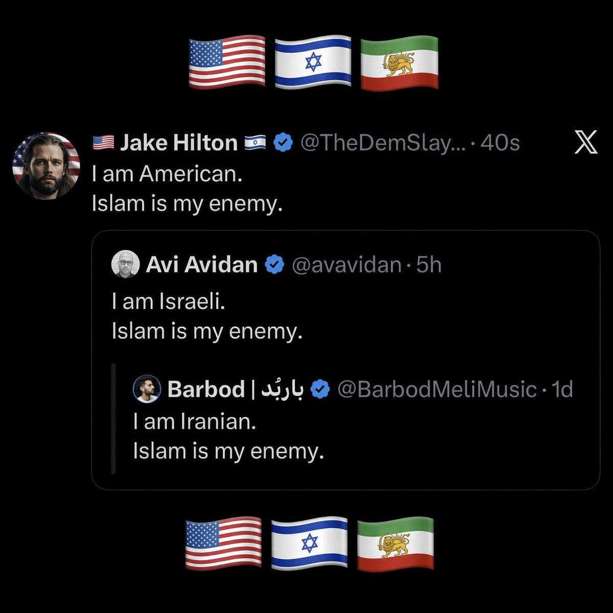 TheDemSlayer's tweet photo. Americans 🇺🇸   Israelis 🇮🇱   Iranians 🇮🇷

We know who our enemy is. https://t.co/bqPlmcznYF