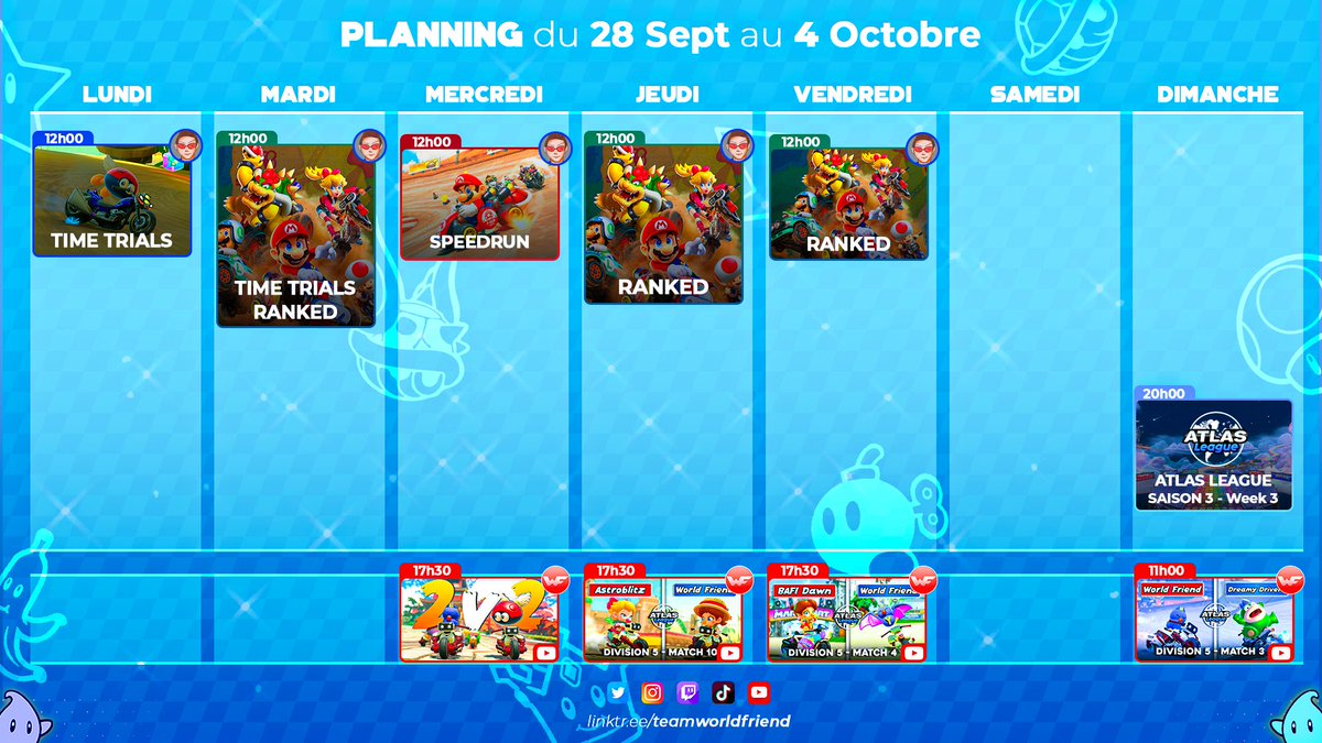 TeamWorldFriend's tweet photo. 🗓️ Planning de la semaine 🗓️

Au programme pour cette fin Septembre :
📈 Ranked MK World avec Huglou
⏱️ Contre-la-montre
🏎️ Speedrun 40 tracks
🏟️ Suite de l'Atlas League dimanche soir à 20h https://t.co/g9vK2dQ4Y9