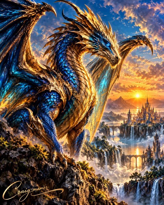 A vibrant fantasy artwork by 'Craigmamax' depicting a majestic blue and gold dragon perched on rocky cliffs overlooking a glowing castle and waterfalls at sunset.