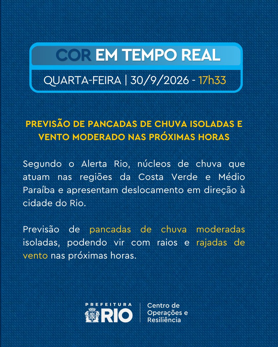 OperacoesRio's tweet photo. TEMPO AGORA | PREVISÃO PANCADAS DE CHUVA E RAJADAS DE VENTO PARA AS PRÓXIMAS HORAS

De acordo com o Alerta Rio, os núcleos de chuva que atuam nas regiões da Costa Verde e Médio Paraíba e apresentam deslocamento em direção à cidade. 

Há previsão de pancadas de chuva moderadas isoladas, com possibilidade de raios e rajadas de vento nas próximas horas. 

#CORInforma #temporj