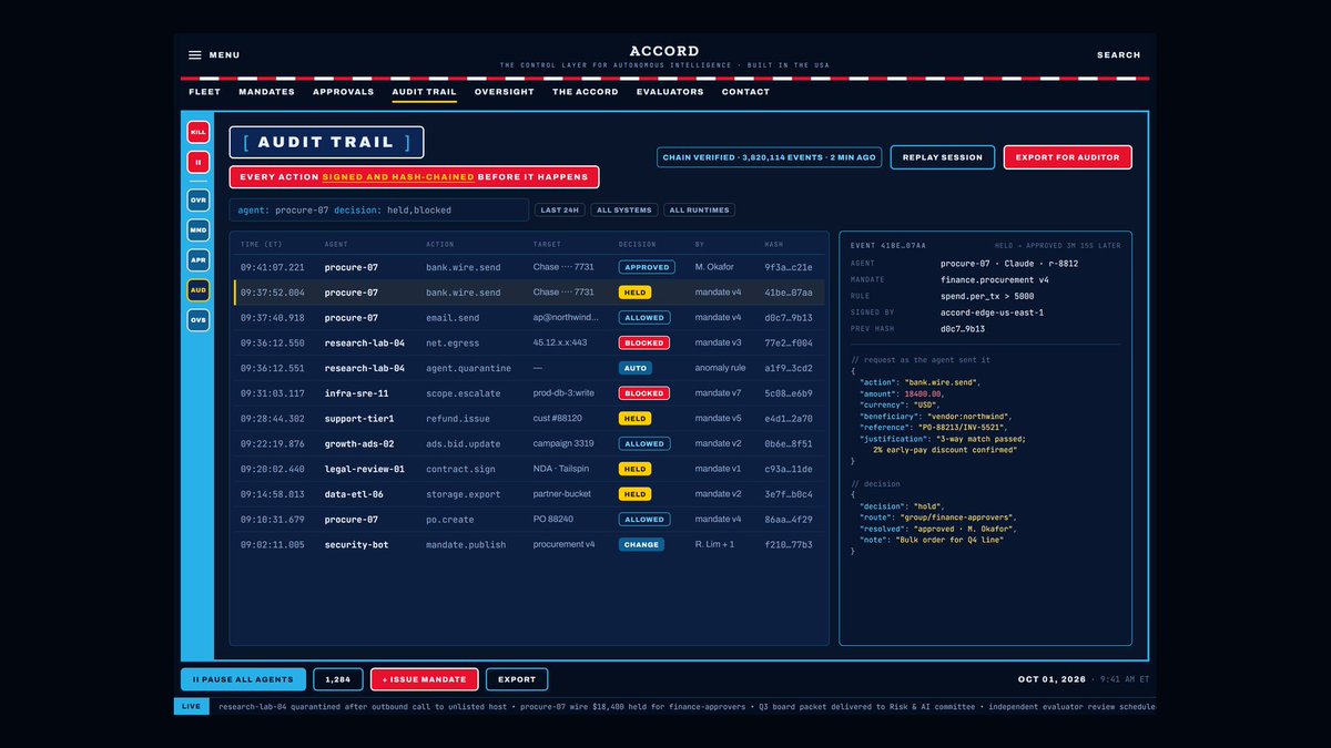 Accordgovtech's tweet photo. Layer three. SI Audit hands an independent evaluator the policies, logs, incidents, control changes and remediation records.

It answers to no agent. It returns a signed verdict. Every record is chained to the last, so yesterday's trail cannot be quietly rewritten. https://t.co/4wMXPzesEU