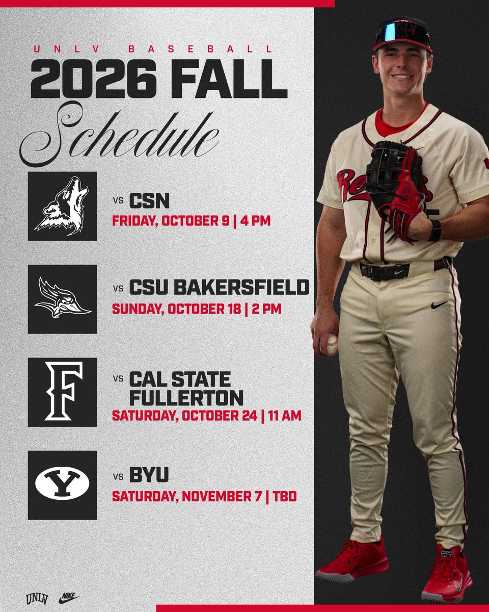 unlvbaseball's tweet photo. 𝙁𝘼𝙇𝙇 𝘽𝘼𝙇𝙇 𝘼𝙏 𝙏𝙃𝙀 𝙀𝘼𝙍𝙇 ⚾️🍂

Come catch your Hustlin’ Rebels in action with 4️⃣ home games 🏠

#BEaREBEL https://t.co/gbcjmplw9l